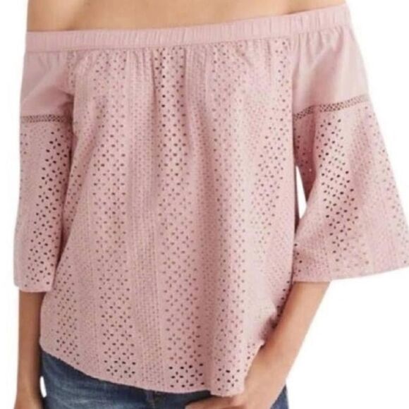 Abercrombie and Fitch Boho Eyelet Off the Shoulder Relaxed Top in Pink Size S - Picture 1 of 11